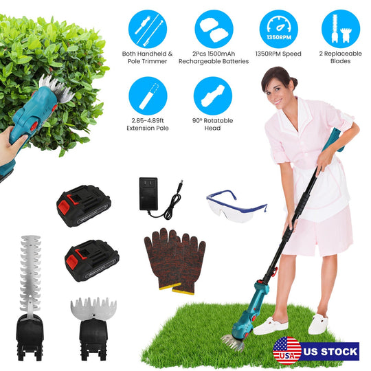 Pole Mini Hedge Trimmer & Grass Shear Electric Cordless Handheld Hedge Trimmer with 90¡ Rotatable Head Telescopic Extension Pole Gloves Goggles 2Pcs 2