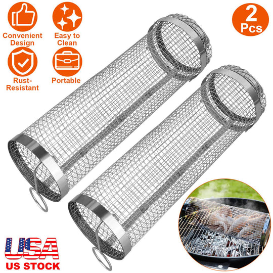 2Pcs 3.42x11.61Inch Portable BBQ Rolling Basket Round Stainless Steel Grill Mesh Barbecue Net Tube with Removable Cover Outdoor Camping