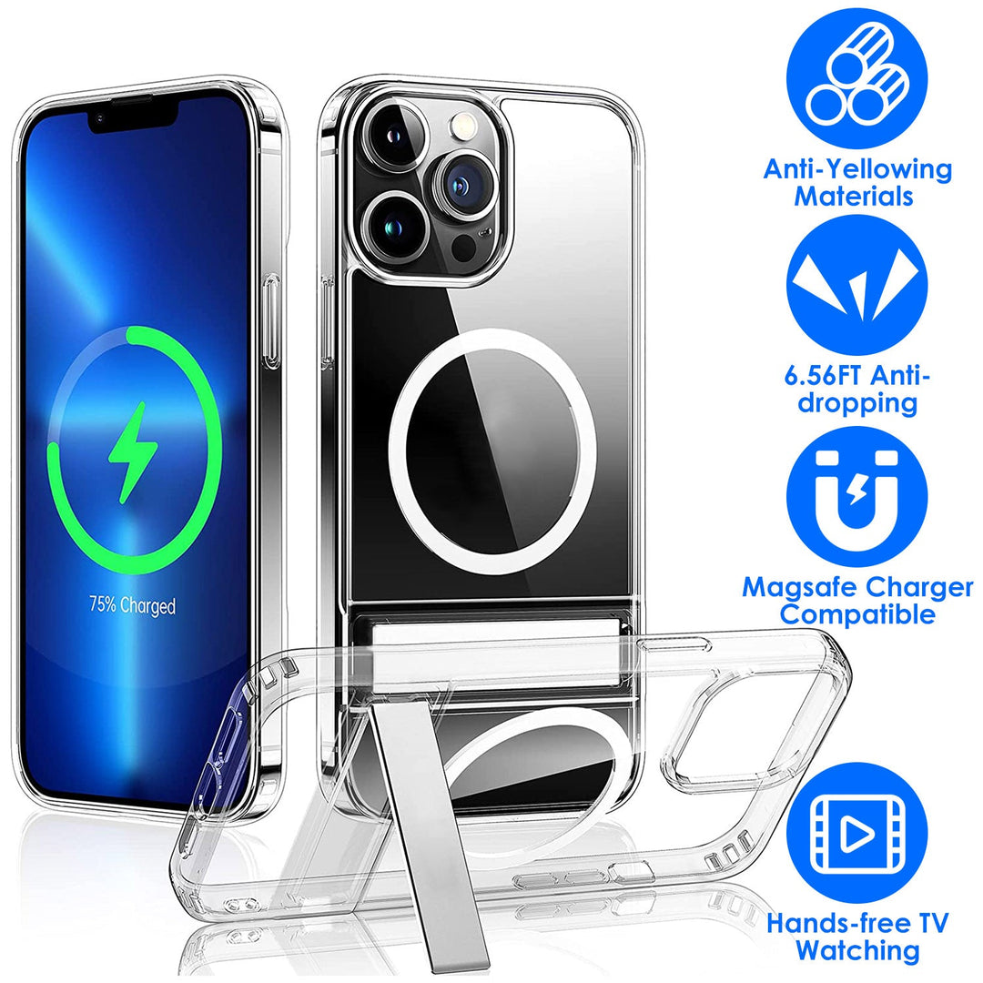 Magnetic Metal Kickstand Clear Case Shockproof Anti Yellowing Phone Cover Compatible with Magsafe Fit for IOS Phone 14