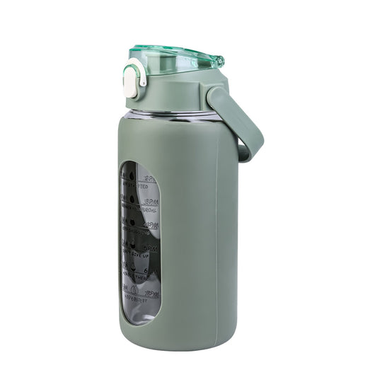 34Oz Glass Water Bottle Sports Water Bottle Motivational Water Bottle Water Intake Tracker Bottle with Straw Time Marker Silicone Sleeve Handle for Gy
