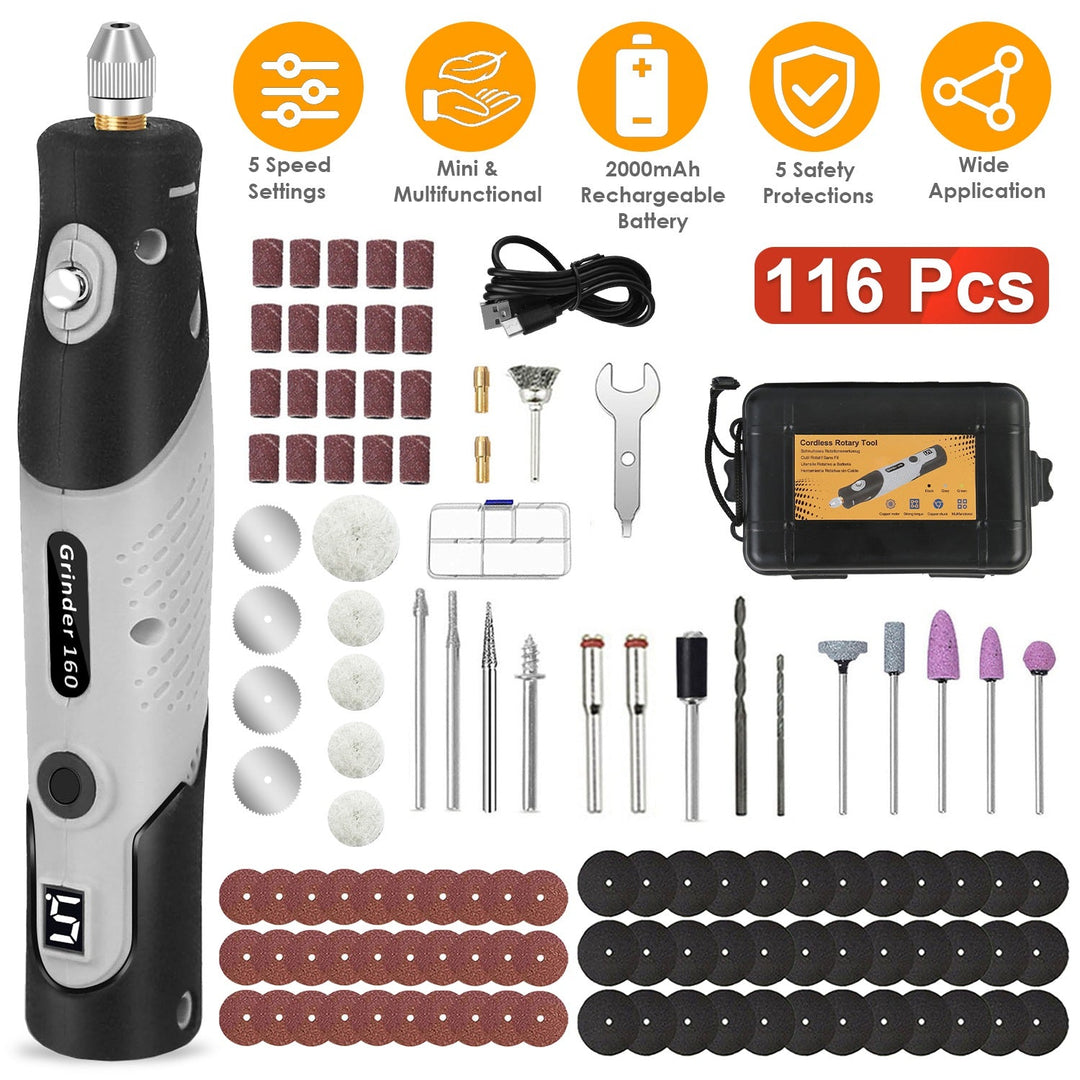 116Pcs 4V Cordless Rotary Tool Kit Power Rotary Tools with 5 Speeds 2000mAh Rechargeable Battery for Sanding Polishing Drilling Engraving Cutting Grin