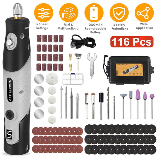 116Pcs 4V Cordless Rotary Tool Kit Power Rotary Tools with 5 Speeds 2000mAh Rechargeable Battery for Sanding Polishing Drilling Engraving Cutting Grin