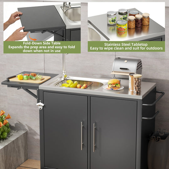 Outdoor Grill Cart with Sink, Storage & Fold-Down Side Table