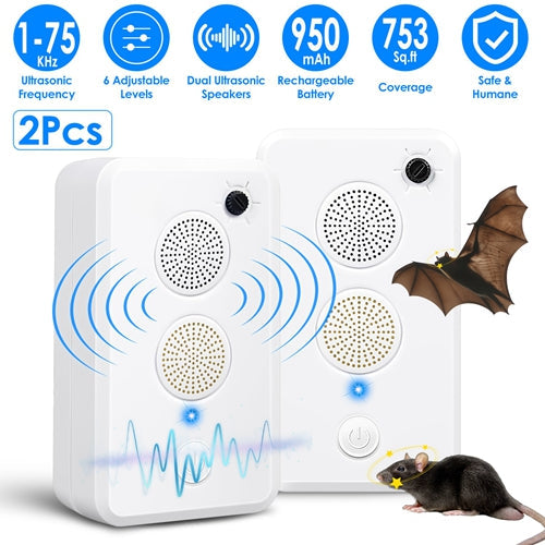 2-Pack Ultrasonic Pest Repellent – Rechargeable Indoor/Outdoor Deterrent