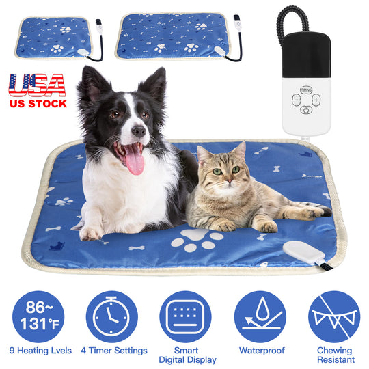 Pet Heating Pad Electric Dog Cat Heating Mat Waterproof Warming Blanket with 9 Heating Levels 4 Timer Setting Constan On Function Chewing-resistant S/