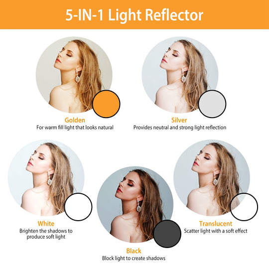 42.5In 5 In 1 Photography Round Light Reflector Collapsible Multi Disc Light Diffuser w/ Storage Bag Translucent Silver Gold White Black 5 Colors Refl