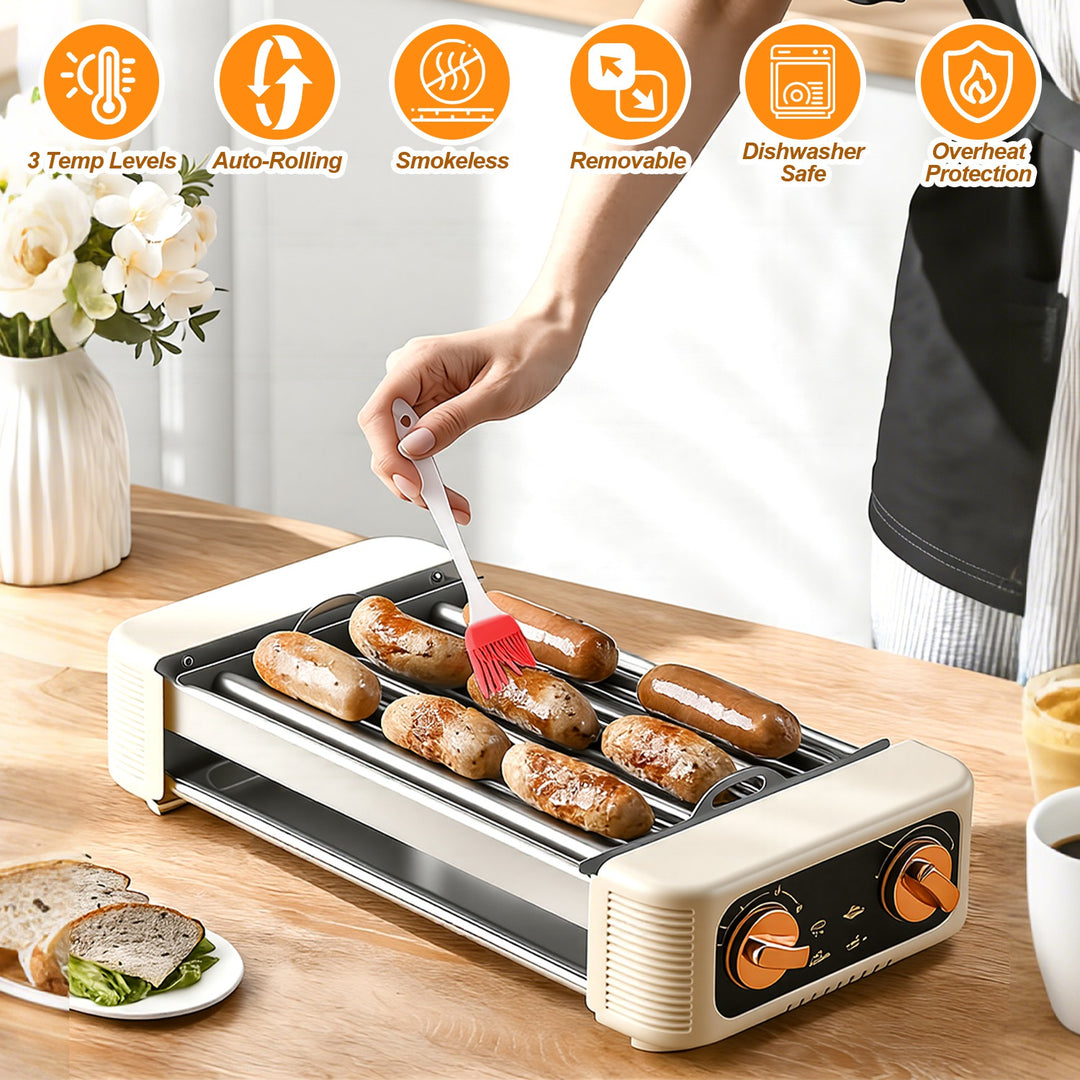 3 In 1 Electric Hot Dog Roller Machine with Grill & Griddle 6-Roller Hot Dog Cooker Smokeless Non-Stick Indoor Outdoor with 3 Temp Levels for BBQ Saus