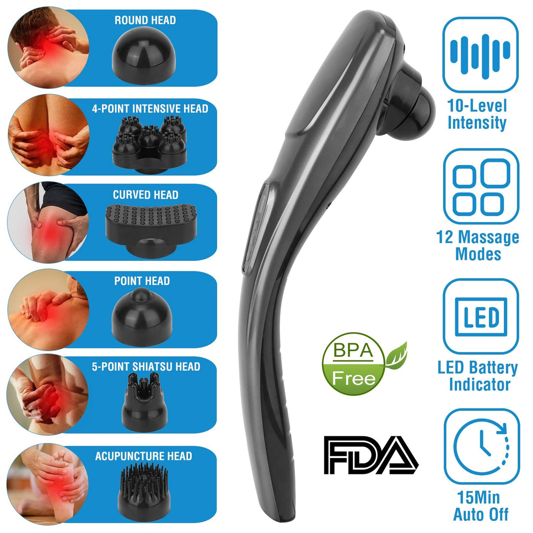 Cordless Handheld Back Massager Deep Tissue Rechargeable Electric Massager w/ 12 Modes 10 Intensity 6 Interchangeable Nodes For Muscle Foot Neck Shoul