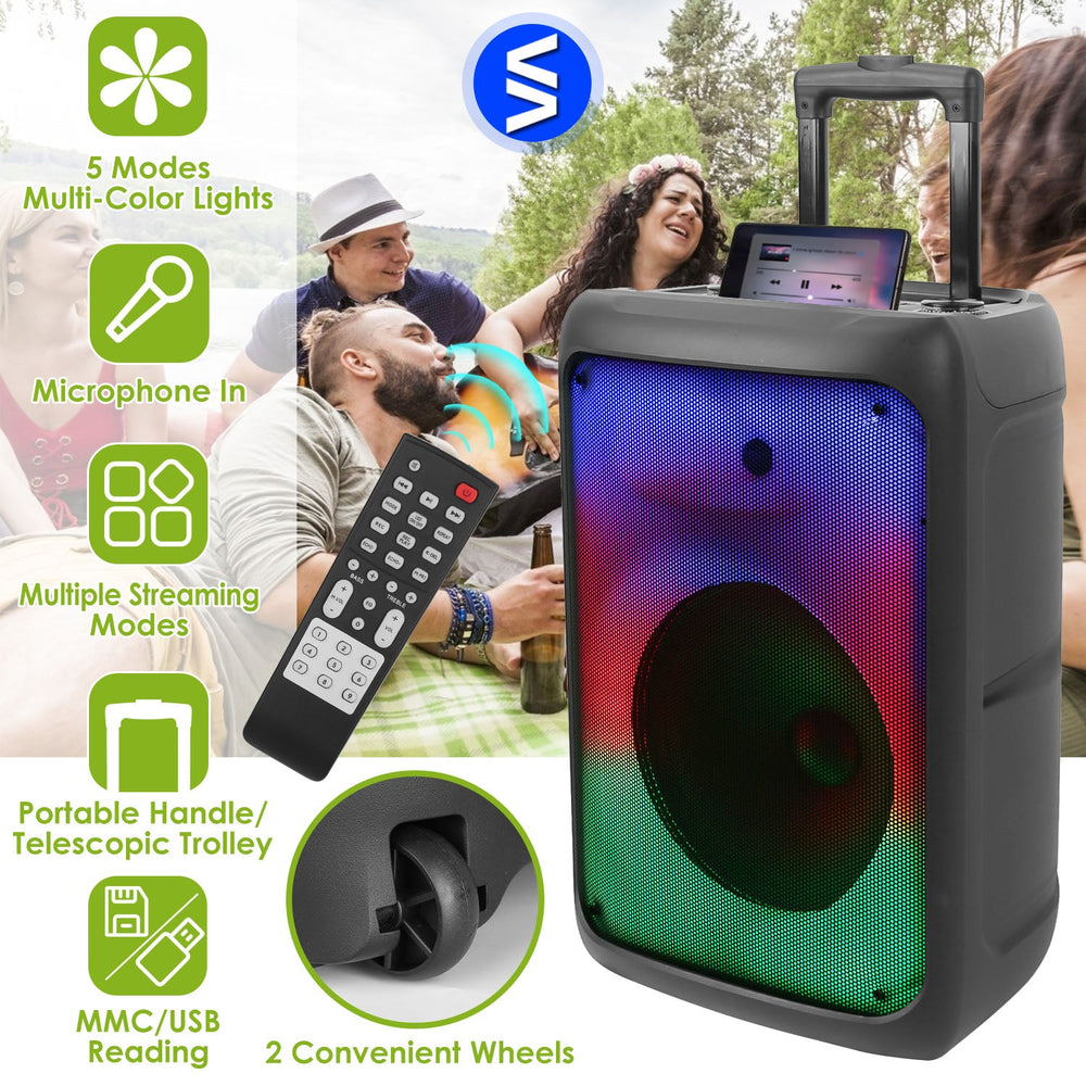 Portable Wireless Party Speaker Party Speaker with with 5 Colorful Lighting Modes TWS FM USB MMC Slot Aux In Recording Mic Priority Trolley Handle 2 W