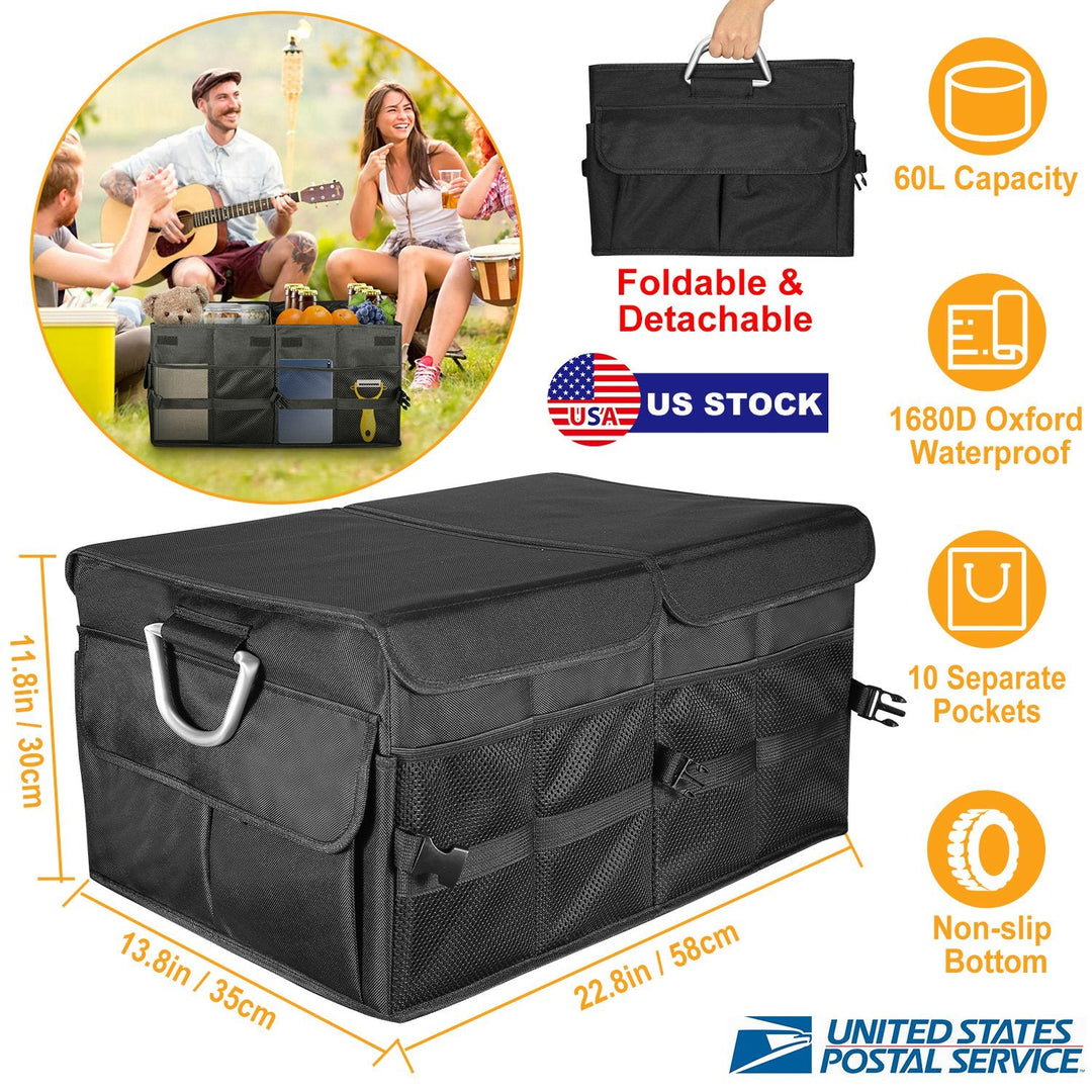 Car Trunk Organizer Collapsible Multi-Compartments Storage Cargo Box/ Cover Nonslip Bottom