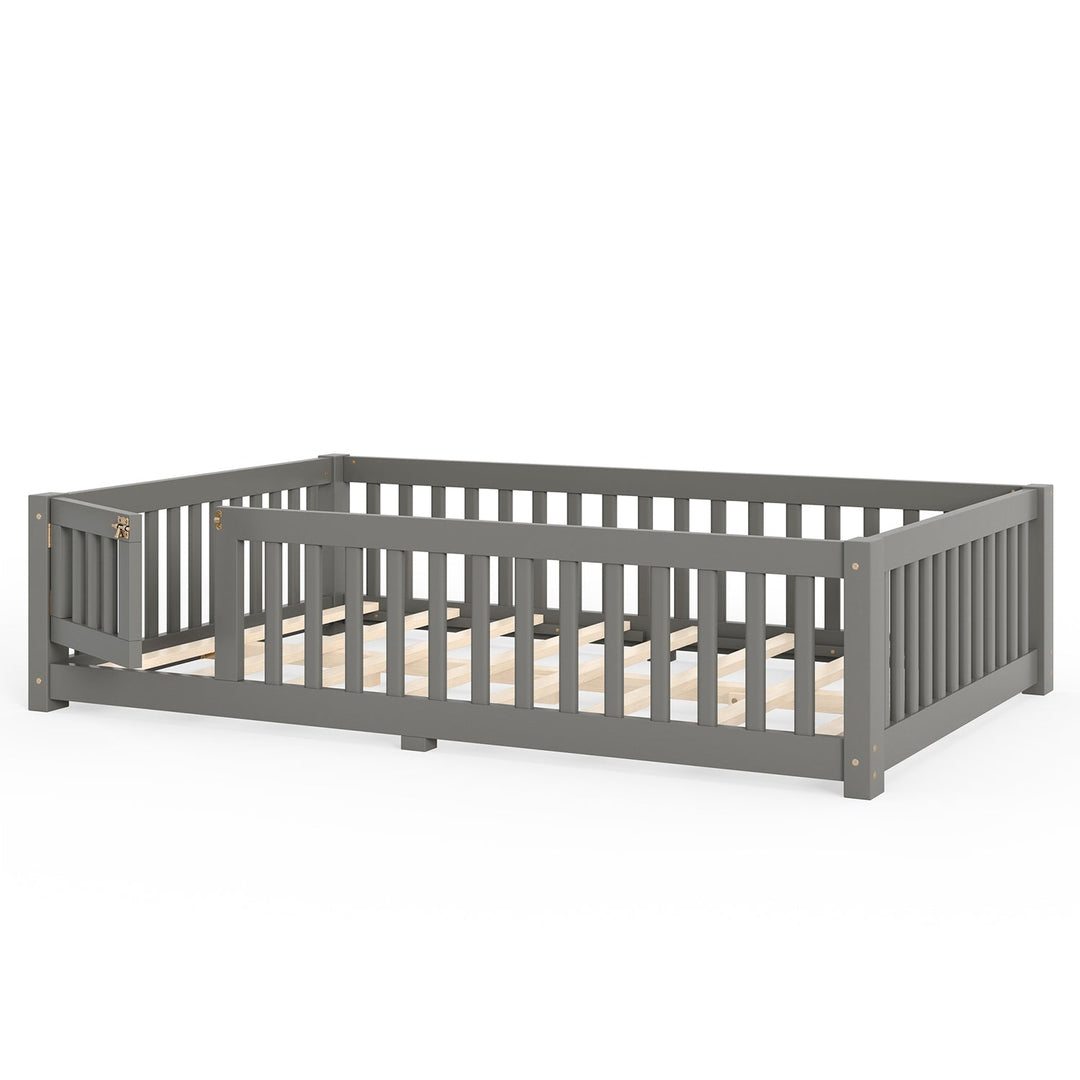Montessori Floor Bed with Safety Guardrails and Lockable Door
