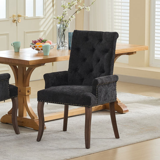 Upholstered Chenille Fabric Tufted Arm Dining Chair, Curved Solid Rubberwood Legs, Elegant Nailhead Trim Accent Chair fo
