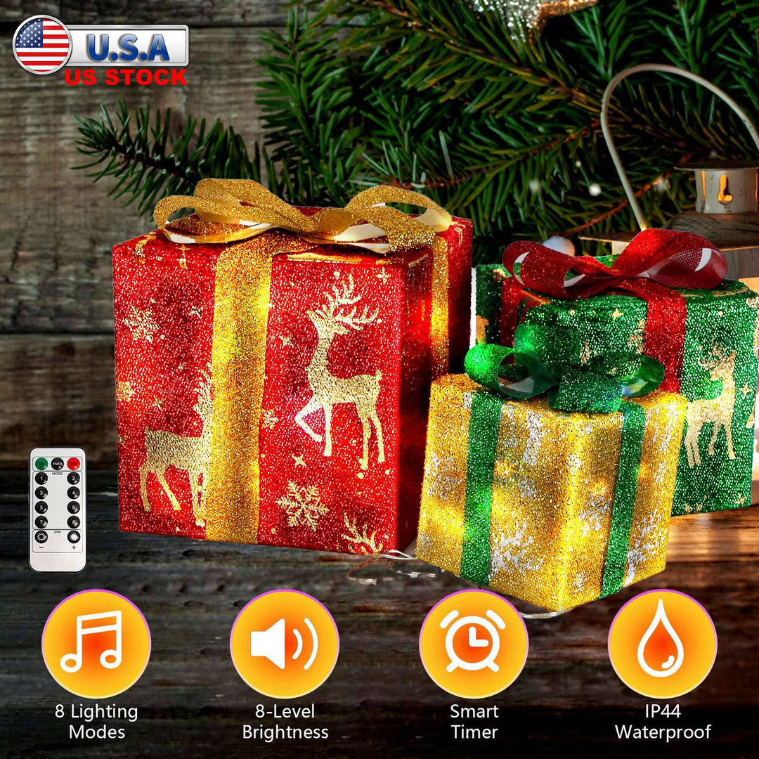 Set of 3 Christmas Lighted Gift Boxes Xmas Present Ornament 50 LED Christmas Box Decorations with Ribbon Bows IP44 Waterproof Battery Powered for Indo