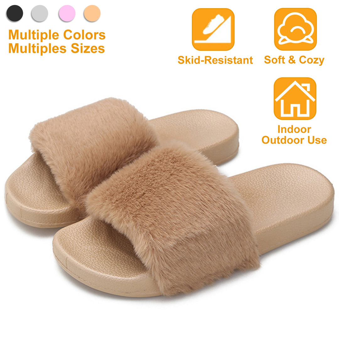 Women Faux Fur Slippers Open Toe Indoor Outdoor Flat Slide Sandals Anti-skid Lady House Shoes