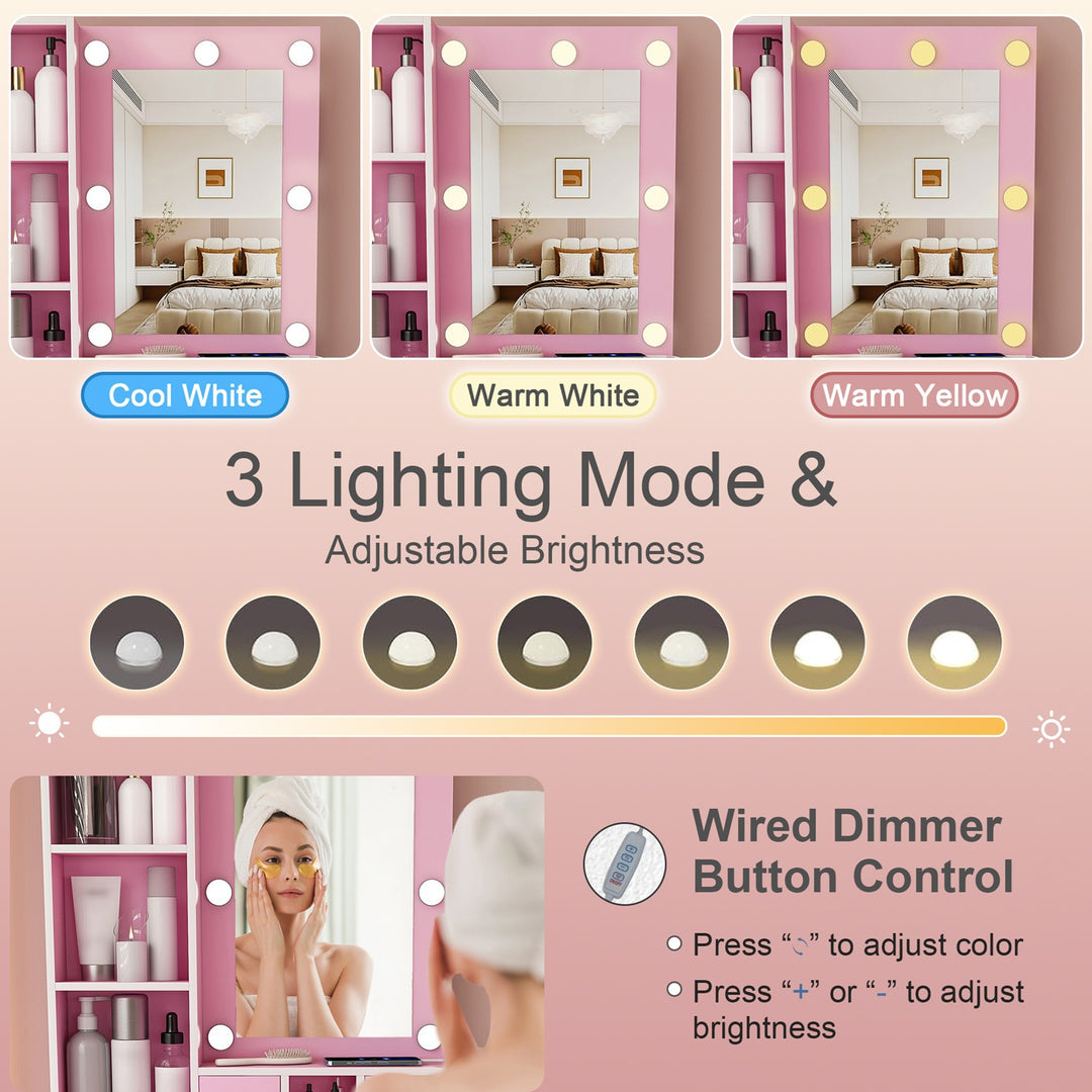 Vanity Desk Set with LED Lighted Mirror, Padded Stool, Power Outlet & Hair Dryer Holder, Compact Makeup Vanity for Small