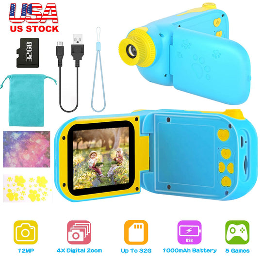 Kids Digital Camera Child Video Camera Children Camcorder Christmas Toy Birthday Gifts with 2.4in Screen 4X Digital Zoom 5 Games 32G MMC Card for 3-10
