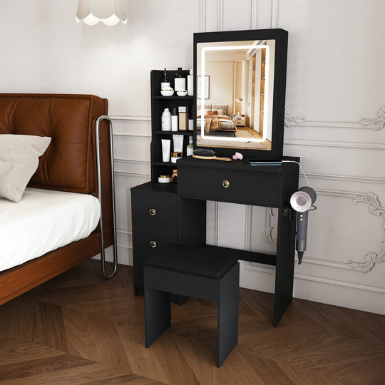 Vanity Desk Set with Lighted Mirror, 4 Drawers & Stool