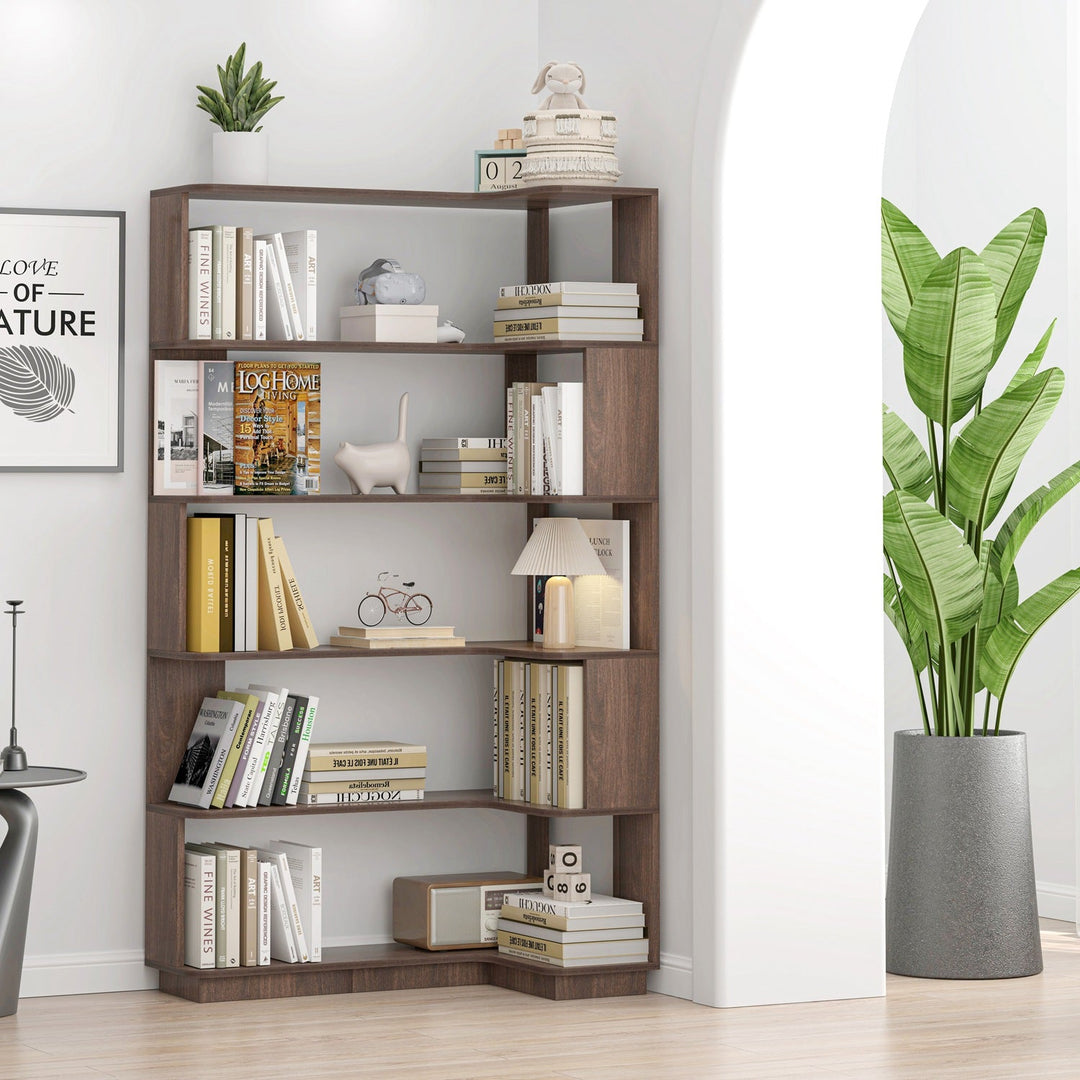 5-Tier L-Shaped Corner Bookshelf with 6 Open Shelves