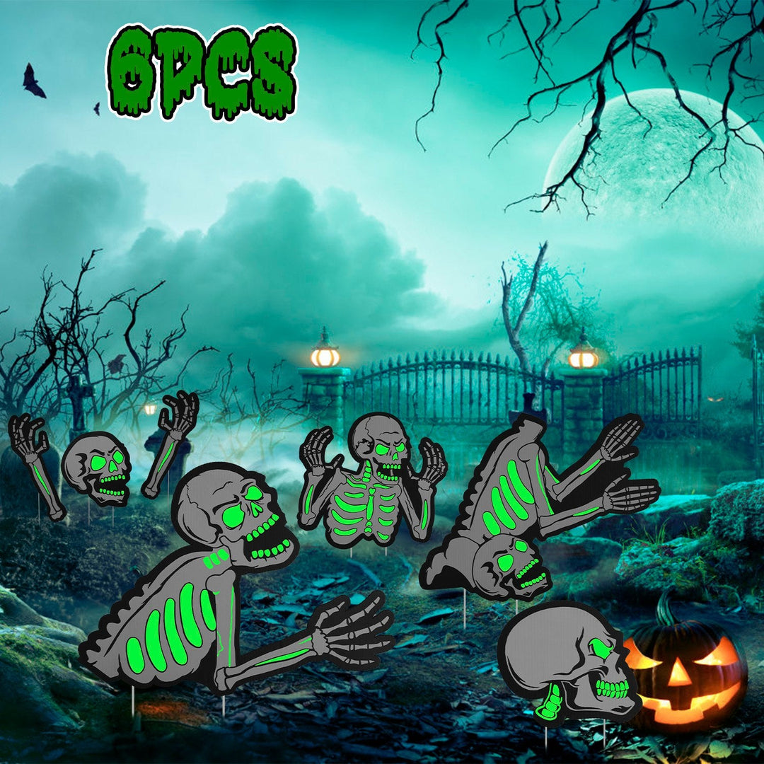 Halloween Skeleton Yard Sign Decorations 6Pcs Glow in the Dark Halloween Skull Fluorescence Lawn Garden Sign with 12 Stakes for Haunted House Garden Y