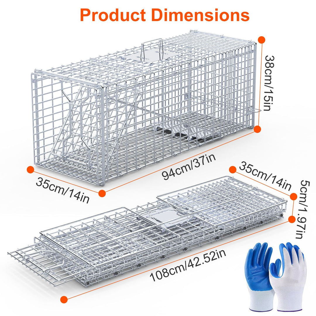 Live Animal Trap Cage 37x14x15in Folding Catch and Release Humane Cat Trap Galvanized Iron for Raccoons Foxes Coyotes Stray Dogs Armadillos Squirrels
