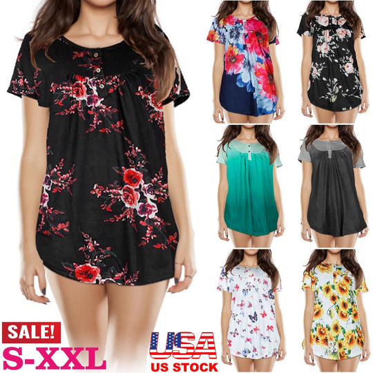 Women Summer Shirts Tops Loose Short Sleeve T Shirts Casual Floral Printed Button Shirts Blouse S-XXL