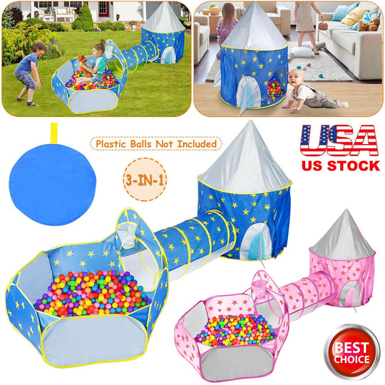 3 In 1 Child Crawl Tunnel Tent Kids Play Tent Ball Pit Set Foldable Children Play House Pop-up Kids Tent w/Storage Bag For Indoor Outdoor Travel Use