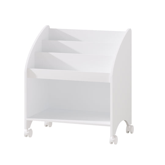Kids Bookshelf with Wheels, 3-Tier Front Display Bookcase with Storage Shelf, Mobile Children Book Organizer with Lockab