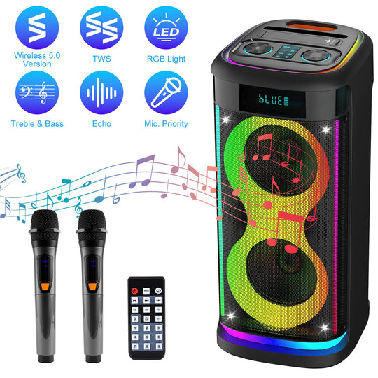 Portable Wireless Party Speaker | LED Lights, 2 Wireless Mics, Remote, TWS & Guitar Input