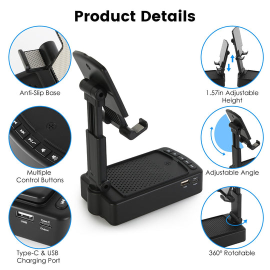 Portable Foldable Phone Stand with HD Wireless Speaker & Power Bank