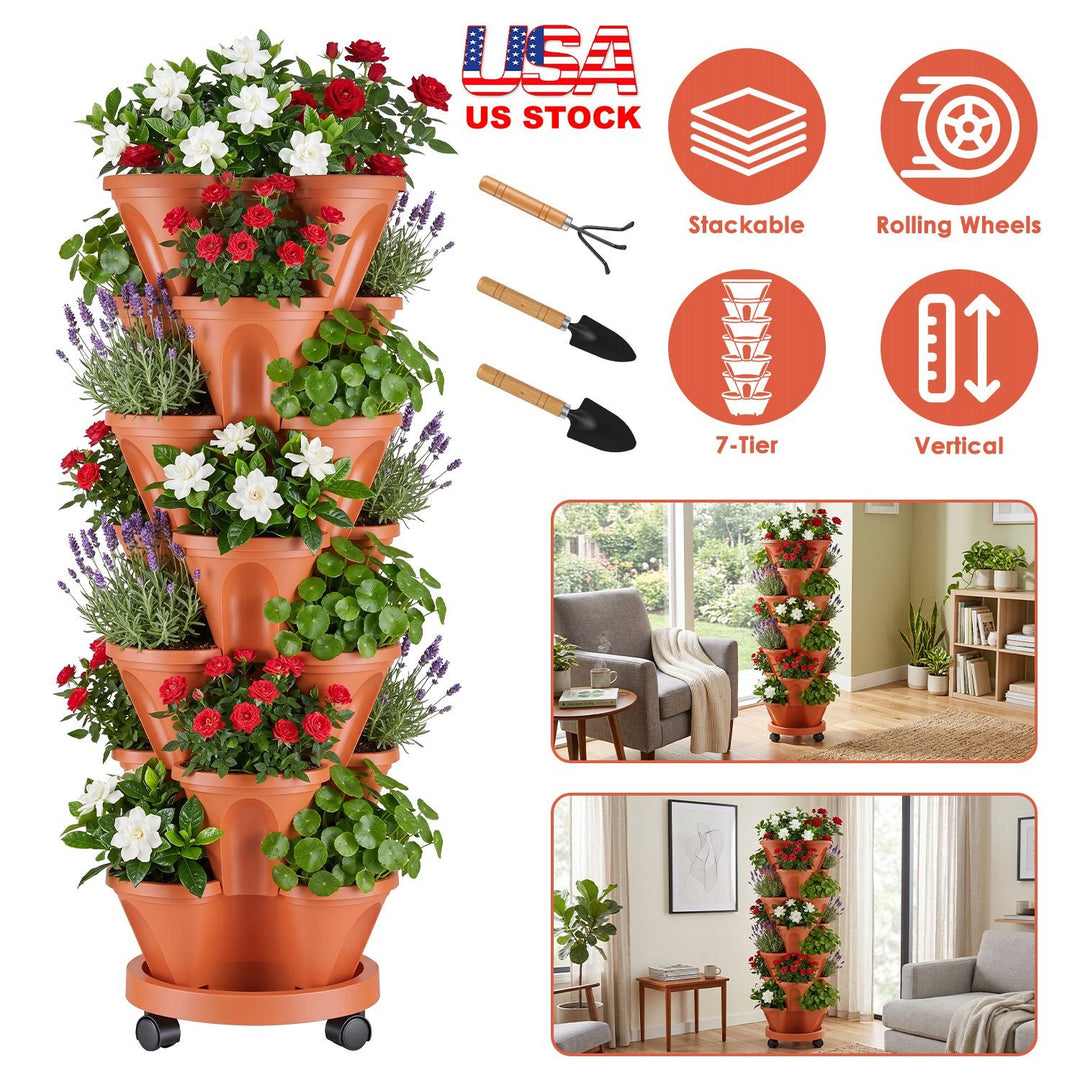 7-Tier Stackable Vertical Planter with Wheels and Drainage