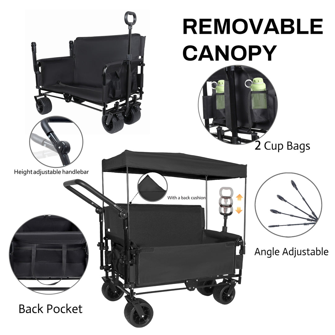 Folding Wagon Cart with Bench Seat & Canopy, 500lbs Capacity