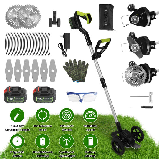 21V Electric Weed Edger Cordless String Trimmer Grass Mower Eater Bush Cutter with 16800RPM 2x 3000mAh Batteries 3.6-4.6FT Length 90¡ Rotatable Angle