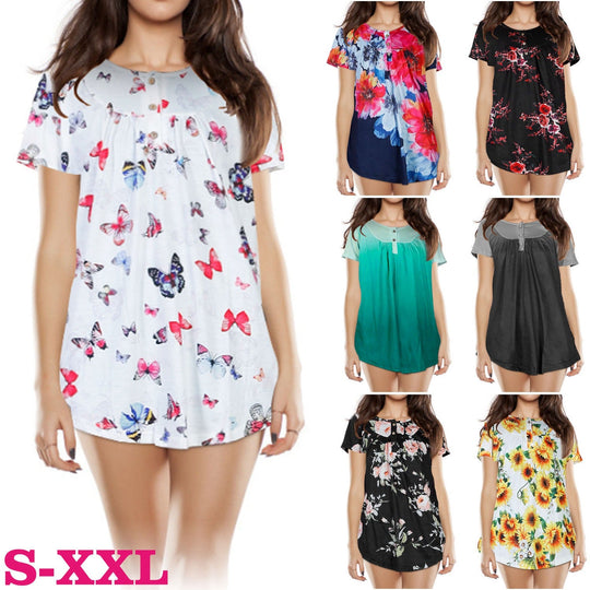 Women Summer Shirts Tops Loose Short Sleeve T Shirts Casual Floral Printed Button Shirts Blouse S-XXL