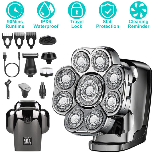 6 In 1 9D Electric Head Shaver for Men Cordless Rechargeable Wet Dry Razor with LED Display Travel Lock Stall Protection Cleaning Reminder