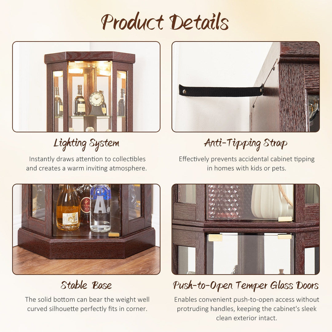 5-Tier Lighted Corner Curio Cabinet with Adjustable Glass Shelves