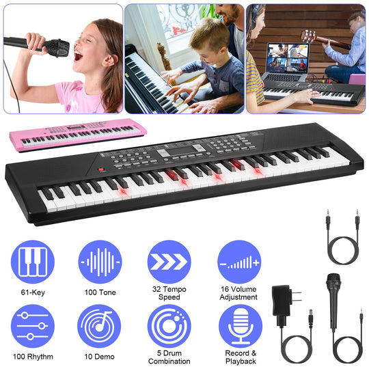 61 Keys Digital Music Keyboard Electric Piano Electronic Musical Instrument Kids Learning Keyboard with Stand Light Up Keys Microphone for 3-12 Year O