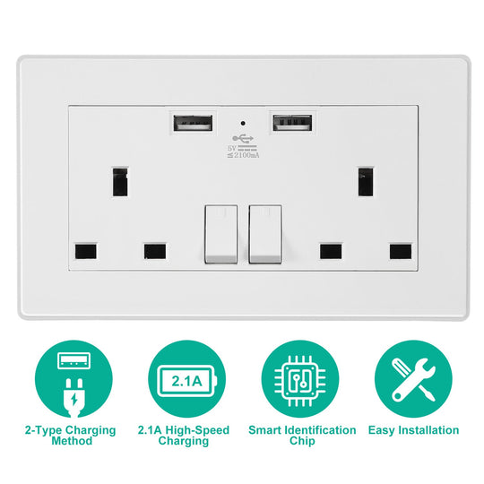 UK Wall Outlet Dual Wall Plug Socket Duplex 2.1A USB Wall Charger with Plug Switch Light Indicator