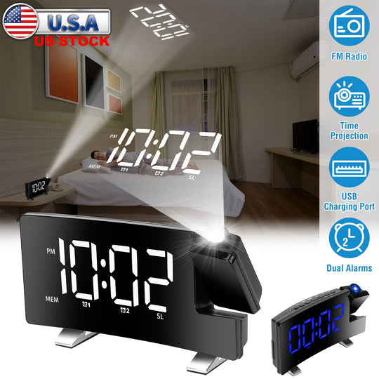 Projection Alarm Clock with Radio Function 7.7In Curved-Screen LED Digital Alarm Clock w/ Dual Alarms 4 Dimmer 12/24 Hour USB Charging Port 180¡ Rotat