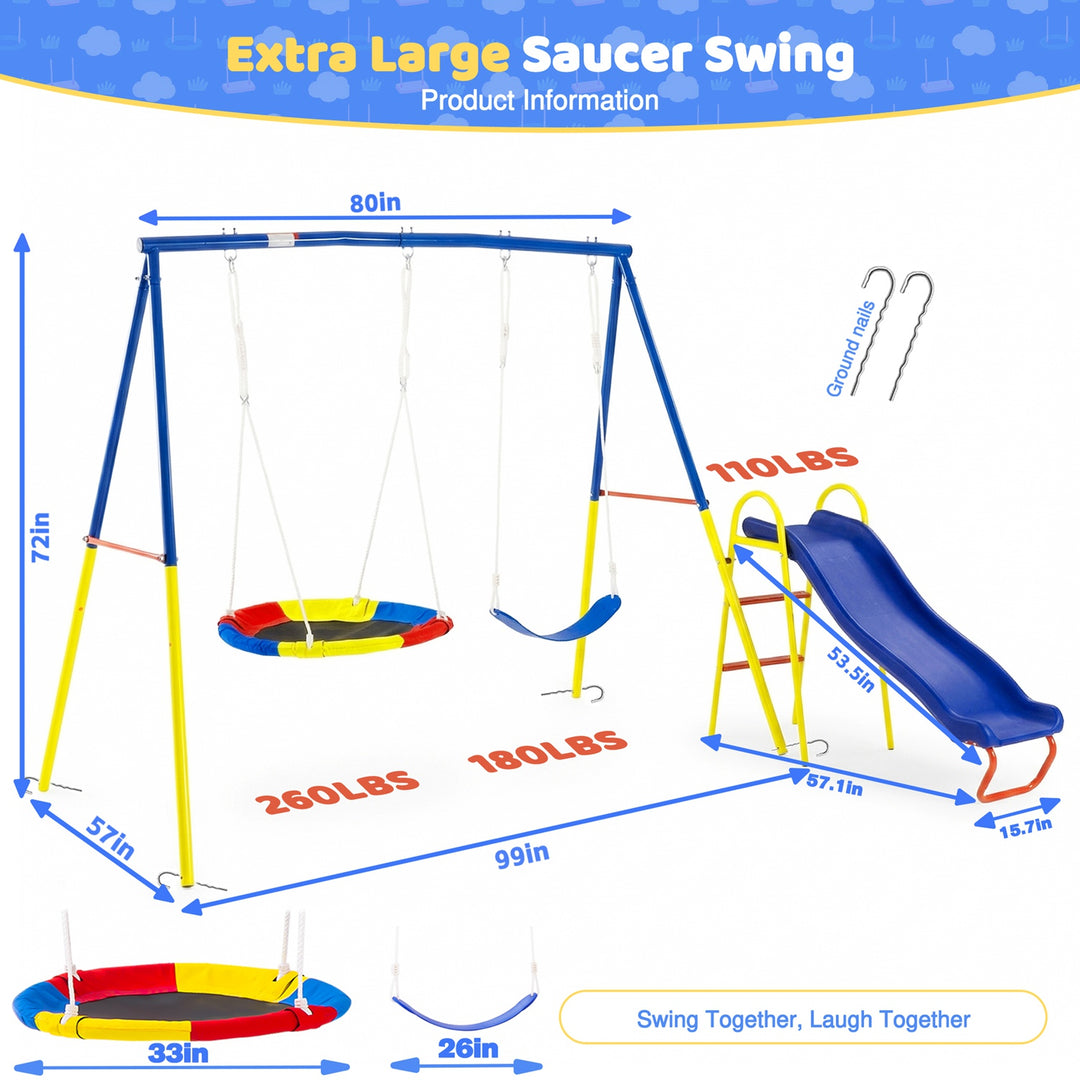3 in 1 Swing Set with Slide for Backyard, Outdoor Playground Set with 33 Inch Saucer Swing, Belt Swing and Kids Slide, H
