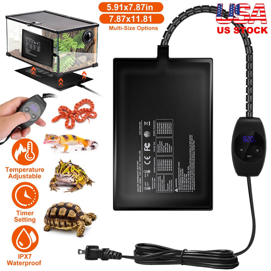 Electric Reptile Heating Pad With 32-122¡F Temperature Adjustment IPX7 Waterproof Timer Setting Under Tank Heating Mat for Lizards Turtles Snake Spide