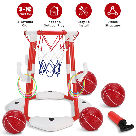 Summer Pool Basketball Hoop Toy Set With 4 Basketballs 4 Circles Pump Floating Swimming Pool Basketball Games Poolside Water Play Toy For 3-12Years Ol