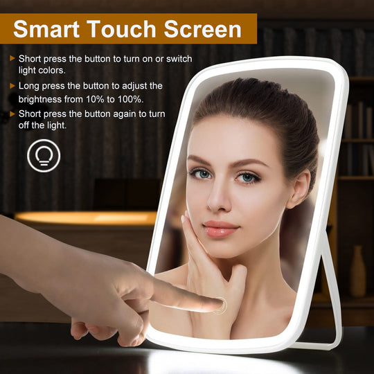 5.98x8.62in Lighted Makeup Mirror Vanity Desk Mirror Small LED Mirror with 3 Light Colors Touch Screen Brightness Adjustable USB Rechargeable