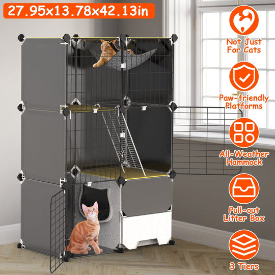 3-Tier Indoor Cat Cage with Litter Box, Hammock & Ladder, Detachable Metal Wire Cat Kennel Enclosure for 1–2 Kittens