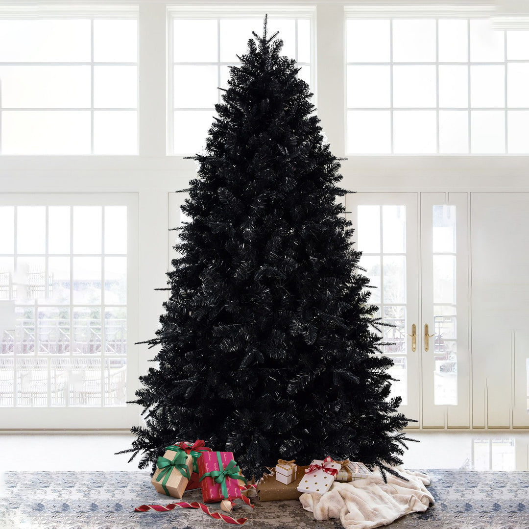 7FT Pre-Lit Black Christmas Tree with 450 White LED Lights 1916 PVC Tips Artificial Christmas Tree with Metal Stand Hing