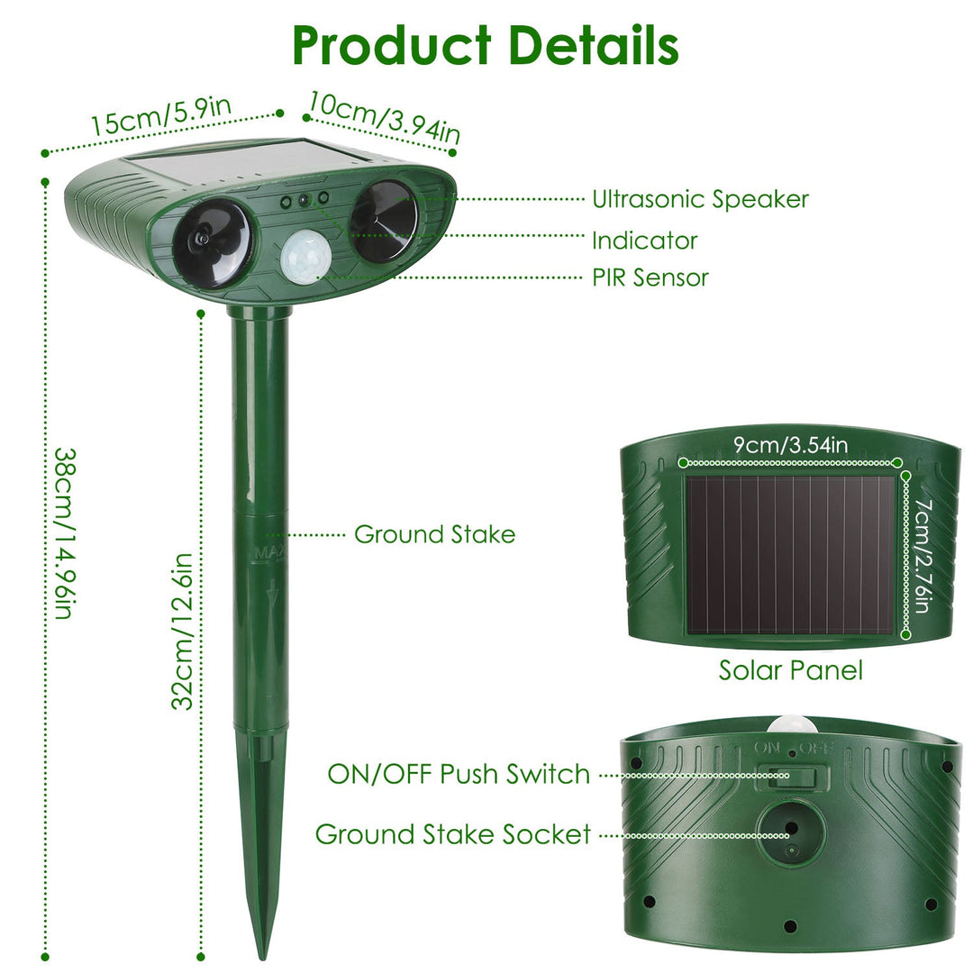 Solar Ultrasonic Animal Repeller PIR Motion Sensor Animal Repellent Chaser IPX4 Waterproof for Farm Garden Yard to Drive Raccoon Squirrel Rat Skunk Ra