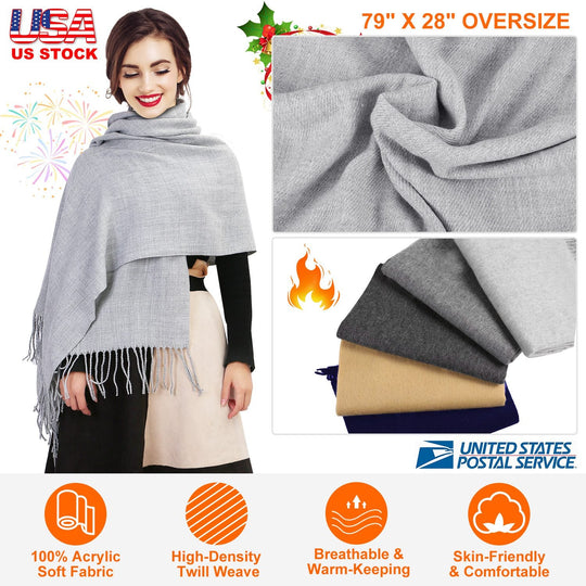 Mens Womens Oversize Cashmere Wool Shawl Wraps Blanket Winter Solid Scarf Soft Pashmina 79" X 28"