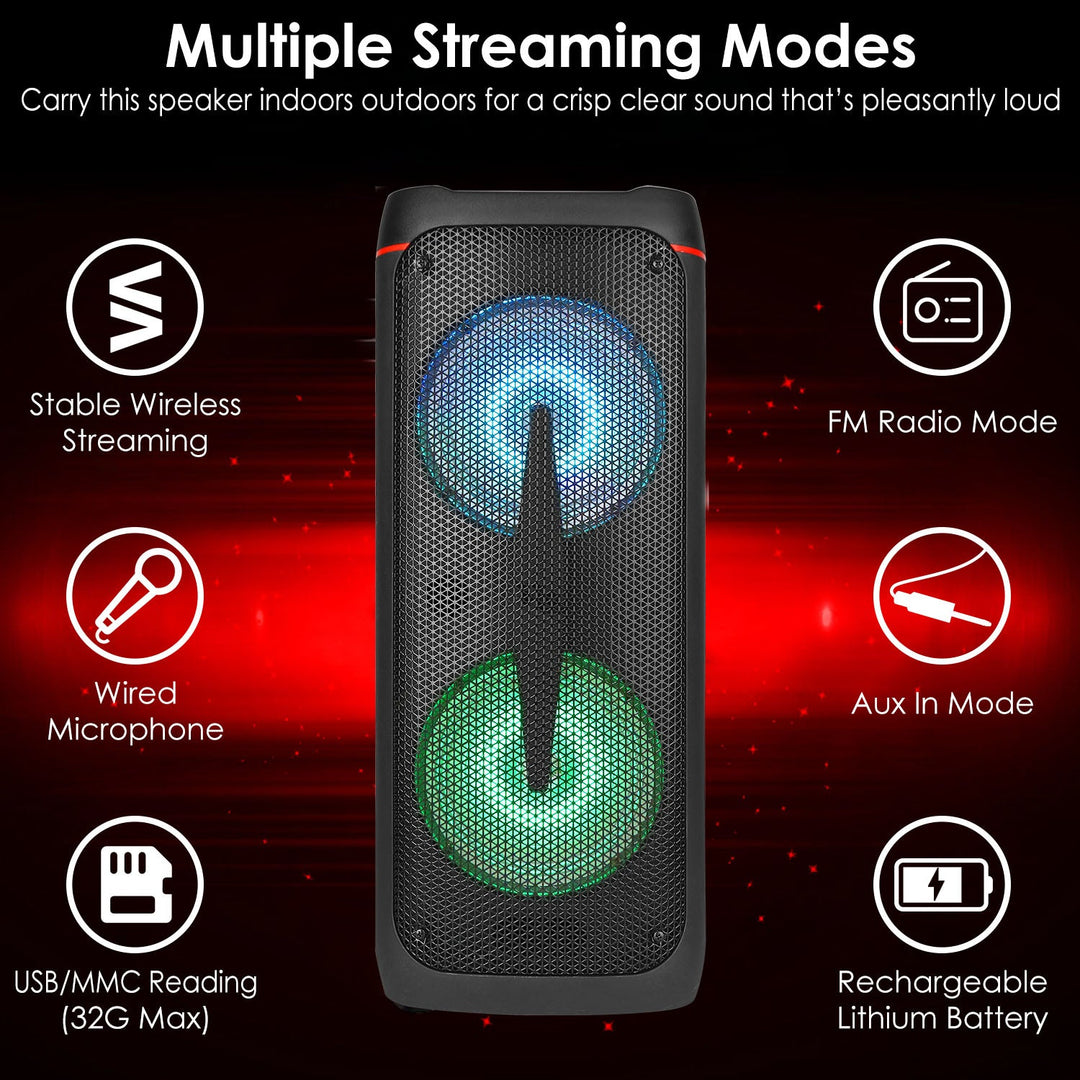 Portable Wireless Party Speaker RGB Colorful Lights DJ PA System with TWS Function FM Radio USB MMC Card Reading Aux In Recording Function Mic Priorit
