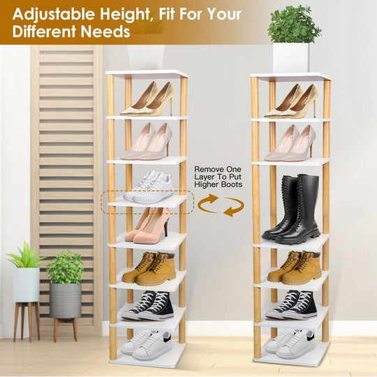 8 Tier Entryway Wooden Shoe Rack Vertical Shoe Shelf Stand Storage Organizer Small Space Saving Corner Shoe Tower Entryway Hallway Closet