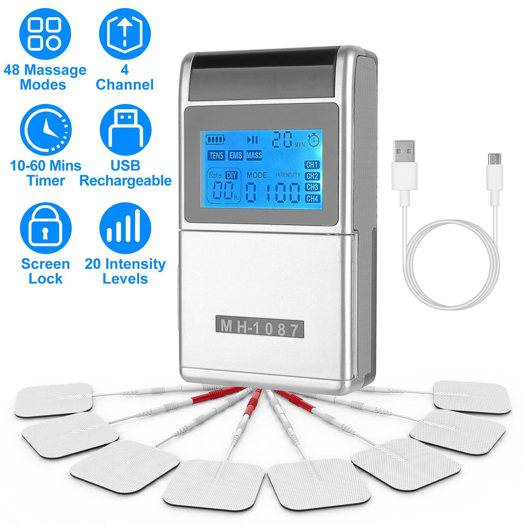 4 Channel TENS Unit Muscle Stimulator Rechargeable Digital TENS Muscle Massager with 48 Modes 20 Intensity Levels 8 Pads Timer