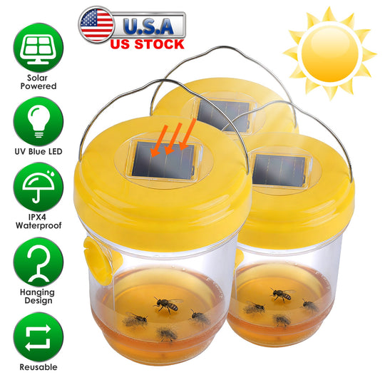 3Pack Solar Wasp Traps Outdoor Hanging Insect Catchers with UV Light for Paper Wasps Yellow Jackets Small Hornets Fruit Flies House Flies